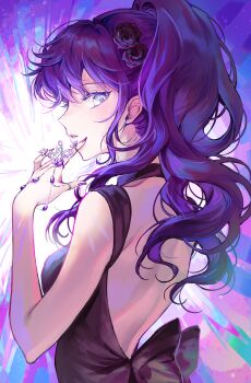 Rule 34 | 1girl, absurdres, arm up, asahina mafuyu, backless dress, backless outfit, black choker, black dress, black flower, blue eyes, breasts, choker, commentary, dress, expressionless, flower, gem, hair flower, hair ornament, hand jewel, high ponytail, highres, looking at viewer, medium breasts, multicolored eyes, nail polish, off-shoulder dress, off shoulder, parted lips, ponytail, profile, project sekai, purple gemstone, purple hair, purple nails, purple theme, solo, someang
