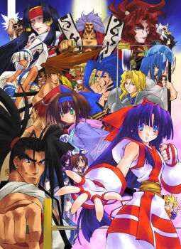Rule 34 | > <, 6+boys, 6+girls, ainu clothes, amakusa shirou tokisada, arm up, armor, attack, black eyes, blonde hair, blue eyes, breasts, brown eyes, brown hair, champuru, charlotte christine de colde, clenched teeth, closed eyes, enja, evil smile, eyepatch, fingerless gloves, galford d weller, gaoh, gloves, green eyes, green hair, hair ribbon, haoumaru, highres, japanese clothes, kageyama shinobi, kazama hazuki, kibagami genjuro, large breasts, legs, looking at viewer, majikina mina, manari, miko, mikoto (samurai spirits), minazuki zankuro, multiple boys, multiple girls, muscular, muscular male, nakoruru, navel, ninja, one eye closed, outstretched arm, pants, pink lips, ponytail, purple hair, rashoujin mizuki, red eyes, red hair, rera, ribbon, rimururu, samurai spirits, sarong, scarf, shaded face, siblings, sisters, small breasts, smile, snk, suija, sword, tachibana ukyou, tattoo, teeth, thighs, tokugawa yoshitora, weapon, wink, yagyuu juubei (samurai spirits), yellow eyes