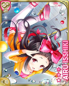 1girl :d blunt_bangs bow breasts brown_hair card_(medium) character_name floating girlfriend_(kari) hair_bow hand_on_own_head isshiki_airu jacket jewelry jumpsuit large_breasts long_hair looking_at_viewer multicolored_jacket multicolored_shorts necklace official_art open_mouth qp:flapper red_bow red_eyes red_shirt red_shoes shirt shoes shorts smile solo thighhighs thighs white_thighhighs zero_gravity zettai_ryouiki