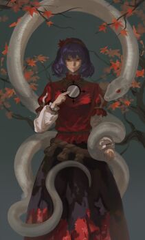 1girl absurdres aqua_background breasts chinese_commentary closed_mouth commentary dress frills hair_ornament highres leaf leaf_hair_ornament long_skirt long_sleeves looking_at_viewer maple_leaf mirror puffy_short_sleeves puffy_sleeves purple_hair red_eyes rope shide shimenawa short_hair short_sleeves simple_background skirt snake solo tansuyuli touhou yasaka_kanako