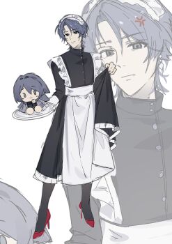 1boy absurdres anger_vein apron black_dress blue_hair chief_(path_to_nowhere) chinese_commentary closed_mouth commentary_request crossdressing crossdressing_(mtf) curtained_hair dress female_chief_(path_to_nowhere) full_body grey_pantyhose high_heels highres holding holding_tray kuailemaoamaomao^o^ long_sleeves looking_at_viewer maid maid_apron maid_headdress male_chief_(path_to_nowhere) male_maid pantyhose parted_bangs path_to_nowhere red_shoes shoes short_hair skirt_hold tray white_apron zoom_layer