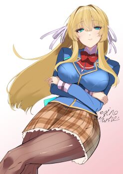Rule 34 | 1girl, absurdres, aqua eyes, arms under breasts, blonde hair, blue eyes, blue jacket, bow, bowtie, breasts, brown pantyhose, brown skirt, closed mouth, commentary request, crossed arms, crossed legs, gradient background, green eyes, hair between eyes, hair intakes, hair ribbon, heaven burns red, highres, jacket, large breasts, long hair, long sleeves, looking at viewer, miniskirt, negino yurine, pantyhose, plaid clothes, plaid skirt, pleated skirt, red bow, red bowtie, ribbon, school uniform, shirt, sidelocks, simple background, skirt, smile, solo, striped clothes, striped pantyhose, thighs, toujou tsukasa, vertical-striped clothes, vertical-striped pantyhose, white background, white ribbon