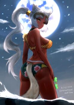 1girl animal_ears ass bare_shoulders bikini bindi breasts brown_hair closed_mouth dark-skinned_female dark_skin high_ponytail highres indian_wolf_(kemono_friends) jack4l kemono_friends kemono_friends_3 large_breasts long_hair looking_at_viewer moon multicolored_hair ponytail smile solo swimsuit tail white_hair wolf_ears wolf_girl wolf_tail yellow_eyes