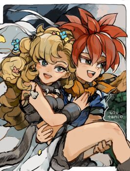 1boy 1girl ayla_(chrono_trigger) blonde_hair blue_shirt carrying carrying_person chrono_trigger crono_(chrono_trigger) flower fur_(clothing) fur_armlet fur_collar fur_skirt green_eyes highres long_hair medium_hair open_mouth orange_scarf red_hair scarf shell shirt spiked_hair uzutanco