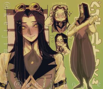 Rule 34 | 1boy, brown eyes, brown hair, brown vest, chinese commentary, colored sclera, commentary request, glasses, goggles, goggles on head, green background, green theme, hazbin hotel, hellaverse, highres, holding, holding scroll, keijino ue, long hair, male focus, multiple views, puffy pants, round eyewear, scroll, sir pentious, sir pentious (human), vest, yellow sclera