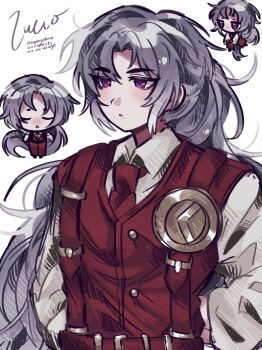 Rule 34 | 1boy, absurdres, character name, chesedfever, chibi, closed mouth, collared shirt, commentary, cowboy shot, english commentary, highres, limbus company, long hair, lucio (project moon), male focus, necktie, open mouth, ponytail, project moon, purple eyes, red necktie, red vest, shirt, simple background, solo, vest, white background, white hair, white shirt