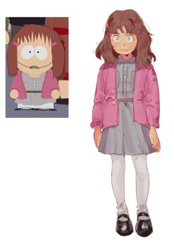 Rule 34 | 1girl, belt, blue eyes, braces, brown hair, coat, eyelashes, mary janes, medium hair, pantyhose, pdvl, pink coat, reference inset, retainer (teeth), shelley marsh, shoes, simple background, south park, white background, white pantyhose