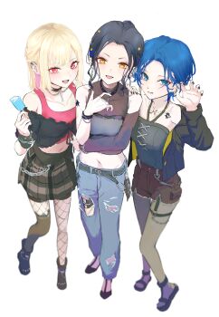 3girls absurdres amin_(aminblue) belt black_hair black_nails blonde_hair blue_eyes blue_hair breasts chain denim fishnets food highres jacket jewelry kiritani_haruka looking_at_viewer midriff multicolored_hair multiple_girls nail_polish navel off_shoulder open_mouth orange_eyes pants pantyhose piercing popsicle project_sekai red_eyes shiraishi_an short_hair shorts simple_background skirt smile tenma_saki thighhighs tongue tongue_out torn_clothes torn_pants white_background yellow_eyes