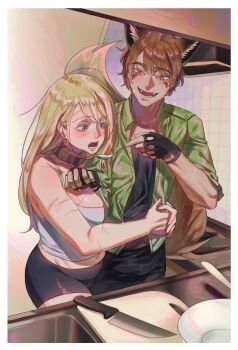 1boy 1girl :d animal_ears arm_around_waist artist_self-insert black_gloves black_shirt black_shorts blonde_hair boyfriend_to_death brown_eyes brown_hair collared_jacket commentary_request cutting_board facial_mark fangs feeding fingerless_gloves flustered fox_ears fox_tail gloves green_jacket hetero highres holding holding_spoon hug_from_side indoors jacket kemonomimi_mode kitchen knife korean_commentary long_hair looking_at_another multiple_scars offering_hand open_mouth orange_eyes outstretched_hand ren_hana_(boyfriend_to_death) scar scar_on_arm scar_on_breasts scar_on_stomach shirt short_hair shorts sink slit_pupils smile soureeeee spoon stitches table tail tank_top tile_wall tiles white_tank_top