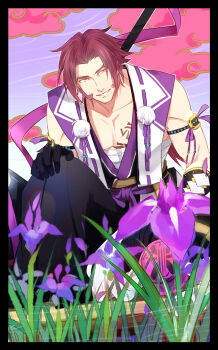 10s 1boy black_border border cloud flower gooya gradient_background highres japanese_clothes long_sideburns male_focus personification polearm pom_pom_(clothes) red_hair sarashi siddham sideburns sitting smile solo spear tonbokiri_(touken_ranbu) touken_ranbu weapon yari yellow_eyes