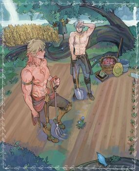 2boys abs antenna_hair arm_tattoo arm_up armlet armpits basket bird blonde_hair blue_bird blue_eyes blue_hair braid chest_tattoo clothes_around_waist commentary english_commentary facial_tattoo farmer full_body gold_armlet gradient_hair hair_between_eyes hat holding holding_pitchfork holding_shovel honkai:_star_rail honkai_(series) jacket jacket_around_waist jewelry looking_at_another male_focus multicolored_hair multiple_boys muscular muscular_male mydei_(honkai:_star_rail) navel nipples outdoors p1enon pectorals phainon_(honkai:_star_rail) pitchfork red_hair red_tattoo scarecrow short_hair shovel side_braid single_braid standing straw_hat sweat tattoo topless_male tree unworn_hat unworn_headwear wheat_field yellow_eyes