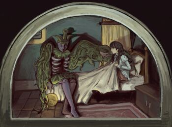 1boy 1girl barefoot blanket brown_hair closed_mouth commentary english_commentary fear_&amp;_hunger_(series) fear_&amp;_hunger_2:_termina green_wings highres jelliistar julia_(fire_emblem) long_hair marina_(fear_&amp;_hunger) on_bed outstretched_arm per&#039;kele_(fear_&amp;_hunger) pillow pink_skirt ribs shirt sitting skirt white_shirt wings