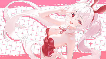 1girl absurdres animal_ears armpits bare_arms bare_shoulders breasts cleavage collarbone detached_collar djmax djmax_respect fail_(djmax) fake_animal_ears fake_tail hairband hand_on_own_hip hand_up highres kuma_mudi leotard long_hair looking_at_viewer medium_breasts mismatched_pupils neck_ribbon open_mouth playboy_bunny rabbit_ears rabbit_tail red_eyes red_hairband red_leotard ribbon smile solo strapless strapless_leotard tail twintails v v_over_eye very_long_hair white_hair