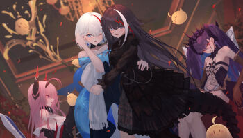 absurdres admiral_graf_spee_(a_novel_anniversary)_(azur_lane) admiral_graf_spee_(azur_lane) antenna_hair azur_lane ballroom bare_shoulders black_choker black_crown black_dress black_gloves black_hair black_hairband black_horns black_pantyhose blue_dress blue_eyes blunt_bangs blush bow breast_strap breasts center_opening chain champagne_bottle choker cleavage cleavage_cutout clothing_cutout collarbone cross cross-laced_clothes cross-laced_dress cross_earrings crown detached_collar deutschland_(azur_lane) deutschland_(demon_princess&#039;_dark_hour_banquet)_(azur_lane) dress earrings elbow_gloves felix_schultz_(azur_lane) fins fish_tail flat_chest frilled_dress frilled_sleeves frills frontless_outfit gloves gothic_lolita hair_between_eyes hair_flaps hair_on_horn hair_over_one_eye hair_tuft hairband hand_in_own_hair highres horns iron_cross jewelry kira_guil large_horns light_smile lolita_fashion long_hair long_sleeves looking_at_viewer manjuu_(azur_lane) mechanical_horns medium_breasts multicolored_hair multicolored_horns navel o-ring_dress o-ring_suspenders official_alternate_costume open_mouth pantyhose pink_hair prinz_rupprecht_(azur_lane) puffy_long_sleeves puffy_sleeves purple_eyes purple_hair red_eyes revealing_clothes see-through_clothes see-through_sleeves shark_tail shawl short_hair sidelocks sleeveless sleeveless_dress small_breasts stomach_cutout streaked_hair tail twintails two-tone_horns very_long_hair white_dress white_hair