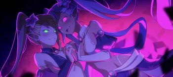 2girls artist_request blonde_hair dancer danmachi_battle_chronicle dark-skinned_female dark_elf dark_skin detached_sleeves dina_dis dungeon_ni_deai_wo_motomeru_no_wa_machigatteiru_darou_ka elf evil_grin evil_smile facial_tattoo flower green_eyes grin hair_flower hair_ornament highres holding_hands looking_at_viewer multiple_girls navel official_art open_mouth pointy_ears ponytail siblings smile tattoo twins twintails vena_dis white_hair