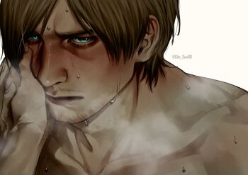 1boy 1other brown_hair che_sue00 eyelashes facial_hair green_eyes hair_behind_ear hand_on_another&#039;s_face hand_on_another&#039;s_hand highres leon_s._kennedy male_focus nude parted_bangs resident_evil resident_evil_2 simple_background twitter_username wet wet_hair white_background