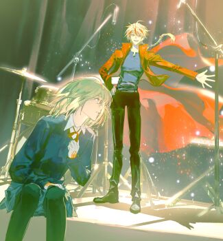 1boy 1girl absurdres black_pants black_pantyhose black_shoes blonde_hair blue_dress blue_shirt braid cape chinese_commentary command_spell commentary_request dress drum drum_set fate/strange_fake fate_(series) glasses hand_on_own_chest hand_on_own_hip highres instrument jacket loveiswhim microphone microphone_stand multicolored_hair open_clothes open_jacket pants pantyhose red_cape red_eyes red_hair red_jacket richard_i_(fate) sajou_ayaka_(fate/strange_fake) shadow shirt shoes short_hair streaked_hair