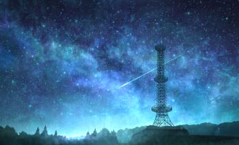 blue_sky blue_theme commentary_request lamppost milky_way mks night no_humans original outdoors radio_tower revision scenery shooting_star sky star_(sky) starry_sky tree