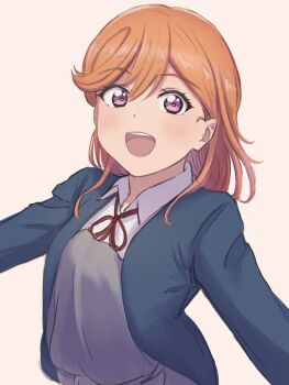 1girl :d blue_jacket blush collared_shirt dress_shirt gomadare4869 highres jacket long_hair long_sleeves looking_at_viewer love_live! love_live!_superstar!! neck_ribbon open_clothes open_jacket open_mouth orange_hair purple_eyes red_ribbon ribbon school_uniform shibuya_kanon shirt simple_background smile solo upper_body white_background white_shirt winter_uniform yuigaoka_school_uniform