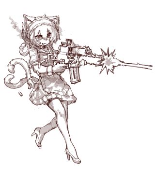 Rule 34 | 1girl, absurdres, animal ear fluff, animal ears, apron, blush, braid, cat ears, cat tail, cigarette, commentary, dress, firing, frilled hairband, frills, full body, gun, hairband, high heels, highres, holding, holding gun, holding weapon, kaenbyou rin, korean commentary, multiple tails, nekomata, pointy ears, rampa93, rifle, scope, shell casing, shoes, smoking, solo, tail, thighhighs, touhou, two tails, waist apron, weapon, wrist cuffs