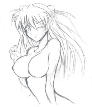 1girl ;) alternate_breast_size_(larger) breasts completely_nude female_focus greyscale headgear hetano_yokoduki index_finger_raised large_breasts long_hair looking_at_viewer monochrome neon_genesis_evangelion non-web_source nude one_eye_closed simple_background smile solo souryuu_asuka_langley very_long_hair white_background