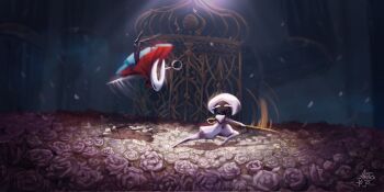 2girls arito_meew arthropod_girl attack blank_eyes bodysuit boss_fight cage cloak commentary english_commentary flower full_body hat highres holding holding_weapon hollow_eyes hollow_knight hollow_knight:_silksong horned_mask hornet_(hollow_knight) in-universe_location juliet_sleeves lace_(hollow_knight) long_sleeves looking_at_another mask motion_lines multiple_girls needle_(hollow_knight) no_mouth petals pin_(hollow_knight) puffy_sleeves red_cloak shadow weapon white_bodysuit white_flower white_hat white_mask