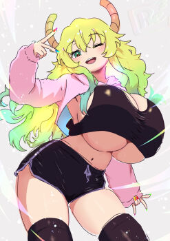 black_thighhighs blonde_hair blue_hair breasts cleavage coat commentary_request gigantic_breasts gradient_hair green_eyes green_hair highres horns kobayashi-san_chi_no_maidragon long_hair lucoa_(maidragon) midriff multicolored_hair nail_polish one_eye_closed open_mouth pink_coat reiwa_rerere short_shorts shorts sidelocks thighhighs underboob v