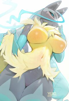 1girl absurdres animal_ears artist_name blue_eyes breasts covered_navel dated furry furry_female gen_4_pokemon highres large_breasts lucario navel nintendo pokemon pokemon_(creature) simple_background solo white_background yuio58ok