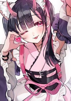 Rule 34 | 1boy, absurdres, animal ears, blush, bracelet, cat ears, cho kaguya-hime!, commentary request, crossdressing, crossdressing (mtf), detached sleeves, hand up, heart, highres, horns, jewelry, komazawa noi, long sleeves, looking at viewer, male focus, multicolored hair, one eye closed, rubianeko, solo, tongue, white background