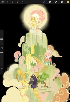 1girl 2boys azami117 black_hair chinese_clothes cookie_run cookie_run:_kingdom dark_cacao_cookie diamond_(gemstone) highres long_sleeves multiple_boys mystic_flour_cookie pale_skin peach_blossom_cookie pink_hair robe solo veil white_hair white_robe white_veil wide_sleeves