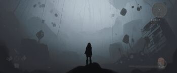 1girl absurdres apocalypse asteroid_ill building character_name fake_screenshot floating fog heads-up_display health_bar highres minimap optic_nerve_(asteroid_ill) original outdoors ruins scenery silhouette solo standing static translation_request user_interface wide_shot