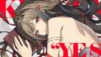 Rule 34 | 1girl, absurdres, animal ears, bare shoulders, black hair, book, breasts, brown hair, english text, fox ears, fox girl, gradient hair, hashtag-only commentary, headband, highres, large breasts, long hair, looking at viewer, madyy, multicolored hair, nail polish, parted lips, red eyes, sideboob, tearing up, ye shunguang, zenless zone zero