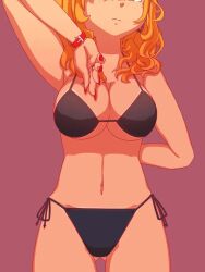 1girl animated arm_across_waist bikini black_bikini blonde_hair bouncing_breasts breasts cleavage cowboy_shot earrings expressionless female_focus fingernails freckles fxx gluteal_fold green_eyes hair_ornament hairdressing jewelry large_breasts leaning_forward long_fingernails looking_at_viewer looking_to_the_side medium_hair navel nia_(fxx) nipples nose orange_hair perspective presenting profile red_background red_nails removing_bra ring simple_background solo swimsuit tagme tan tanline tareme thigh_gap video watch wristwatch