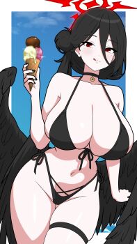 1girl bare_shoulders bikini black_bikini black_hair black_wings blue_archive breasts cleavage collarbone feathered_wings food front-tie_bikini_top front-tie_top groin hair_between_eyes hair_bun halo hasumi_(blue_archive) hasumi_(swimsuit)_(blue_archive) highres holding holding_food holding_ice_cream ice_cream large_breasts long_hair looking_at_viewer low_wings mole mole_under_eye navel pendant_choker red_eyes red_halo shinjrou1 side-tie_bikini_bottom side_ponytail single_side_bun smile solo swimsuit thigh_strap thighs tongue tongue_out wings