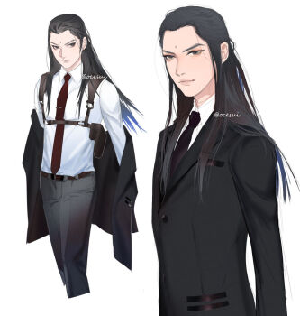 1boy bindi black_hair black_jacket black_necktie black_pants black_suit collared_shirt cowboy_shot final_fantasy final_fantasy_vii final_fantasy_vii_remake formal_clothes grey_eyes hair_slicked_back harness jacket jacket_partially_removed long_hair looking_at_viewer looking_to_the_side male_focus multiple_views necktie ocesui pants red_necktie shirt sideburns smile square_enix suit suit_jacket tseng turks_(ff7) twitter_username white_background white_shirt