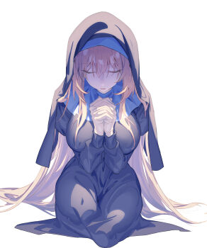 1girl bianca_(pgr) blonde_hair breasts closed_eyes commentary_request guratan hair_between_eyes highres kneeling large_breasts long_hair mole mole_under_eye nun nun_headdress own_hands_together praying punishing:_gray_raven simple_background solo traditional_nun very_long_hair white_background