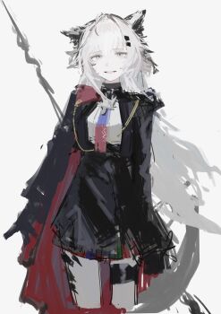Rule 34 | 1girl, absurdres, animal ears, arknights, black jacket, black skirt, cape, commentary, cowboy shot, gradient necktie, grey eyes, grey hair, hair between eyes, hair ornament, hairclip, highres, holding, holding weapon, jacket, lappland (arknights), lappland the decadenza (arknights), long hair, long sleeves, looking at viewer, multicolored necktie, necktie, red cape, scar, scar across eye, scar on face, simple background, skirt, smile, solo, standing, two-tone necktie, weapon, white background, wolf ears, wolf girl, yoioisss