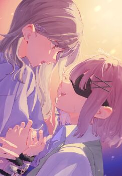 Rule 34 | 2girls, amaori renako, blindfold, brown eyes, brown hair, collared shirt, commentary request, cuffs, face-to-face, flower hairpin, hair ornament, hand on another's face, handcuffs, highres, long hair, looking at another, medium hair, mou liang, multiple girls, open mouth, pink hair, sena ajisai, shirt, sweatdrop, sweater vest, twitter username, upper body, watashi ga koibito ni nareru wake naijan murimuri!, white shirt, x hair ornament, yuri