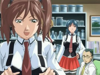 Rule 34 | 00s, 1boy, 1girl, 2006, 3girls, age difference, amatsuki jun, animated, animated gif, anime screenshot, ass, bible black, bible black only, blonde hair, blue hair, bow, bowtie, breasts, brown hair, crossed arms, facial hair, glasses, goatee, hand on own hip, high ponytail, kurimoto maki, lab coat, long hair, looking back, looking to the side, magazine (object), miniskirt, multiple girls, naughty face, necktie, ponytail, porn magazine, red skirt, restrained, saeki kaori, school, school uniform, science, short hair, sideboob, skirt, smile, tagme, teacher and student, thighhighs, twintails