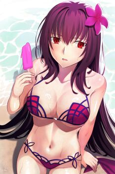 Rule 34 | 1girl, absurdres, bare shoulders, bikini, blush, breasts, cleavage, collarbone, fate/grand order, fate (series), flower, food, hair between eyes, hair flower, hair ornament, hibiscus, highres, large breasts, long hair, longdq3008, looking at viewer, navel, open mouth, pink bikini, popsicle, purple bikini, purple hair, red eyes, scathach (fate), scathach (fate/grand order), scathach (swimsuit assassin) (fate), solo, swimsuit, thighs
