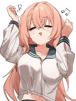 1girl absurdres black_sailor_collar breasts closed_eyes commentary crossed_bangs fill_(fill_lemonn) hands_up highres large_breasts long_hair long_sleeves michinoku_komaro midriff_peek musical_note navel no_dickey open_mouth pink_hair sailor_collar school_uniform seitokai_ni_mo_ana_wa_aru! serafuku shirt simple_background smile solo upper_body very_long_hair white_background white_shirt