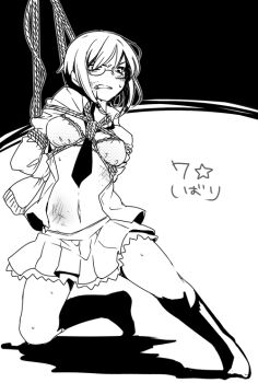Rule 34 | 1girl, arms behind back, artist request, bdsm, bondage, bound, bound arms, bound breasts, bound torso, bra, bruise, corpse party, female focus, injury, monochrome, rope, saenoki naho, shibari, simple background, solo, source request, suspension, tagme, torn clothes, underwear