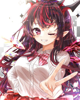 1girl absurdres alternate_costume closed_mouth collared_shirt commentary double_halo halo highres hololive hololive_english horns irys_(hololive) looking_at_viewer multicolored_hair one_eye_closed pointy_ears red_eyes red_hair red_skirt red_streaks shirt skirt smile solo star-shaped_pupils star_(symbol) star_halo streaked_hair symbol-shaped_pupils u_da_desu v virtual_youtuber white_shirt