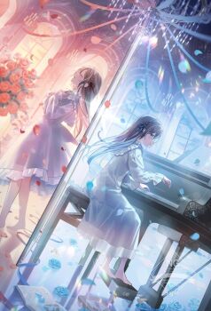 2girls blue_eyes blue_ribbon brown_hair closed_eyes closed_mouth colored_inner_hair commentary_request dress dutch_angle flower full_body hair_ribbon hands_on_own_chest highres indoors instrument kaisake_(utp) long_dress long_hair long_sleeves multicolored_hair multiple_girls music open_mouth original piano playing_instrument playing_piano profile red_flower red_ribbon red_rose ribbon rose seiran_(sake_(utopia_modoki)) shuan_(sake_(utopia_modoki)) siblings singing sisters sitting smile standing twins watermark white_dress window