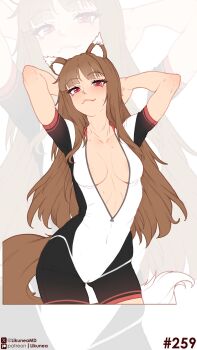 Rule 34 | 1girl, absurdres, animal ear fluff, animal ears, areola slip, arms behind head, blunt bangs, blush, breasts, brown hair, cameltoe, center opening, cleavage, closed mouth, collarbone, commentary, cycling uniform, english commentary, fang, highres, holo, likunea, long hair, looking at viewer, medium breasts, patreon logo, patreon username, red eyes, sidelocks, simple background, small breasts, smile, solo, solo focus, spice and wolf, sweat, tail, twitter username, twitter x logo, wolf ears, wolf girl, wolf tail, zoom layer