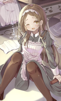 2girls ;o absurdres alternate_costume apron black_dress brown_pantyhose bucket commentary_request dress enmaided gakuen_idolmaster hairband highres idolmaster knees_up kuramoto_china long_hair maid maid_apron multiple_girls one_eye_closed out_of_frame pantyhose sitting solo_focus straight_hair takenaka_takeshi teeth translation_request upper_teeth_only very_long_hair white_apron white_hairband