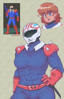 1girl absurdres belt blue_eyes blue_track_suit boots brown_hair commentary covered_abs earrings english_commentary gloves grey_background gun hand_on_own_hip heart helmet highres holding holding_gun holding_weapon jewelry mach_rider mach_rider_(character) open_mouth pelvic_curtain photo-referenced red_belt red_boots red_gloves reference_photo shoulder_pads shoulder_spikes signature simple_background single_earring solo solo_focus spikes thick_eyebrows tidywire track_suit weapon white_helmet