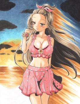 1girl absurdres ajikeneko azumi_hagumu bangs_pinned_back bikini bikini_top_only breasts brown_eyes brown_hair cleavage closed_mouth cloud commentary_request evening flower forehead frilled_bikini frills gradient_sky hand_up highres large_breasts long_hair magia_record:_mahou_shoujo_madoka_magica_gaiden mahou_shoujo_madoka_magica miniskirt navel outdoors pink_bikini pink_skirt polka_dot polka_dot_bikini polka_dot_shirt shirt skirt sky smile solo stomach sunset swimsuit traditional_media very_long_hair