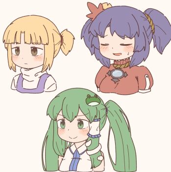 Rule 34 | 3girls, alternate hairstyle, bare shoulders, blonde hair, blush, closed eyes, collared shirt, commentary, expressionless, frog hair ornament, green eyes, green hair, hair ornament, hair rings, hakugomaabura (kourin1219), highres, kochiya sanae, long hair, medium hair, moriya suwako, multiple girls, no headwear, parted lips, purple hair, purple vest, red shirt, shirt, short twintails, sidelocks, single hair ring, sleeveless, sleeveless shirt, smile, snake hair ornament, touhou, turtleneck, turtleneck shirt, twintails, upper body, vest, white shirt, yasaka kanako, yellow eyes