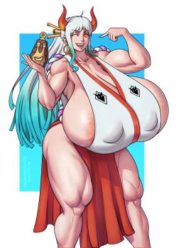 absurdres areola_slip bare_legs blue_hair breasts covered_erect_nipples curvy den_den_mushi earrings gigantic_breasts highres hoop_earrings horns jewelry long_hair looking_at_viewer multicolored_hair muscular muscular_female nipples one_eye_closed one_piece open_mouth orange_eyes ponytail randomartacc123 smile snail solo thick_thighs thighs two-tone_hair white_hair wink yamato_(one_piece)